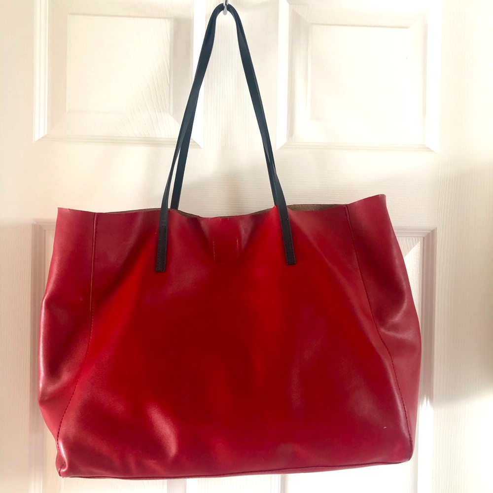 Red leather tote bag